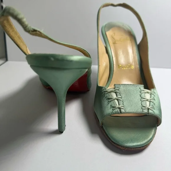 Christian Louboutin Red Bottom Teal Satin Slingback Peep Toe Heels Size 37.5 - Picture 2 of 11